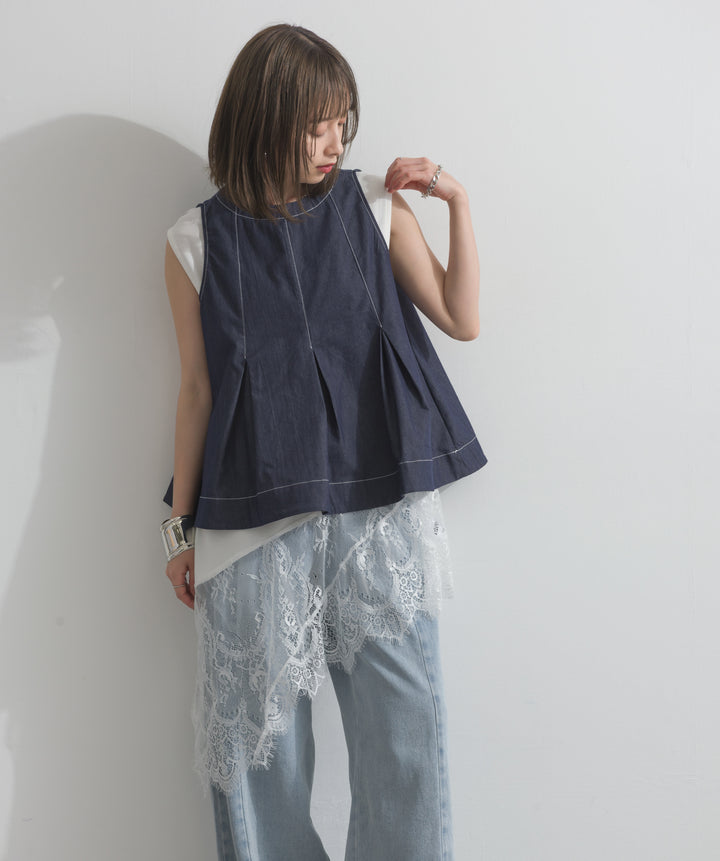 レースヘムレイヤードノースリーブトップス