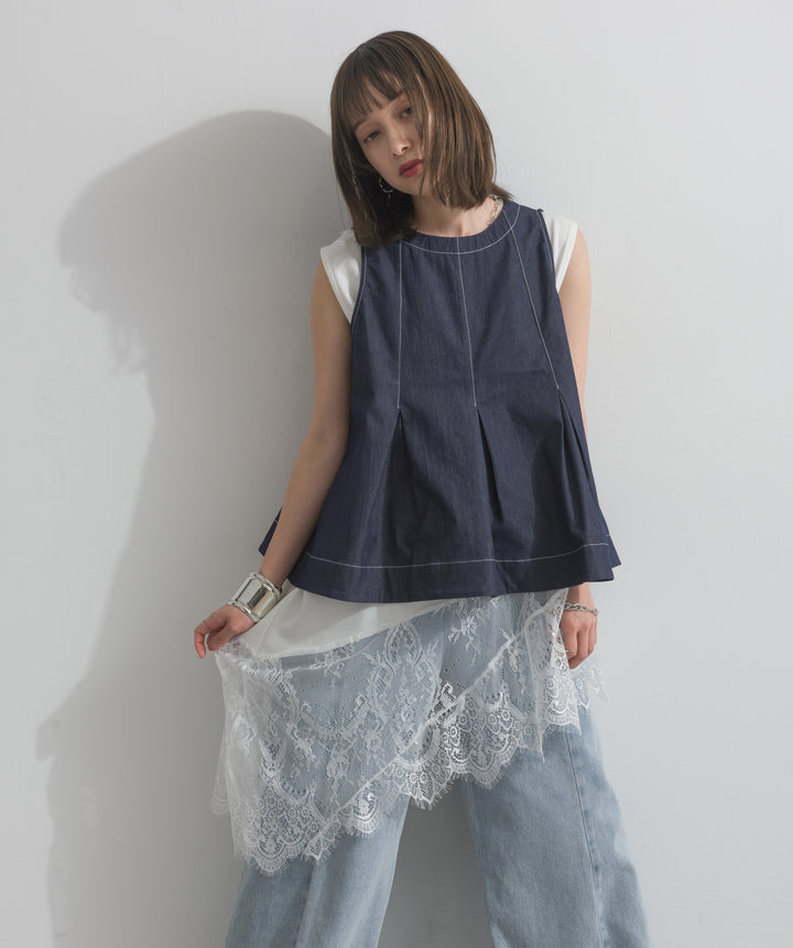 レースヘムレイヤードノースリーブトップス