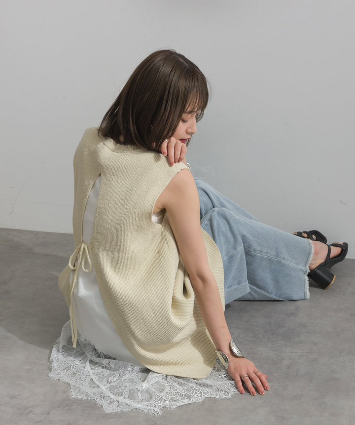【SET】リブニットバックスリットタンク+レースヘムレイヤードノースリーブトップス+ツートーンバイカラーデニムパンツ(3set)