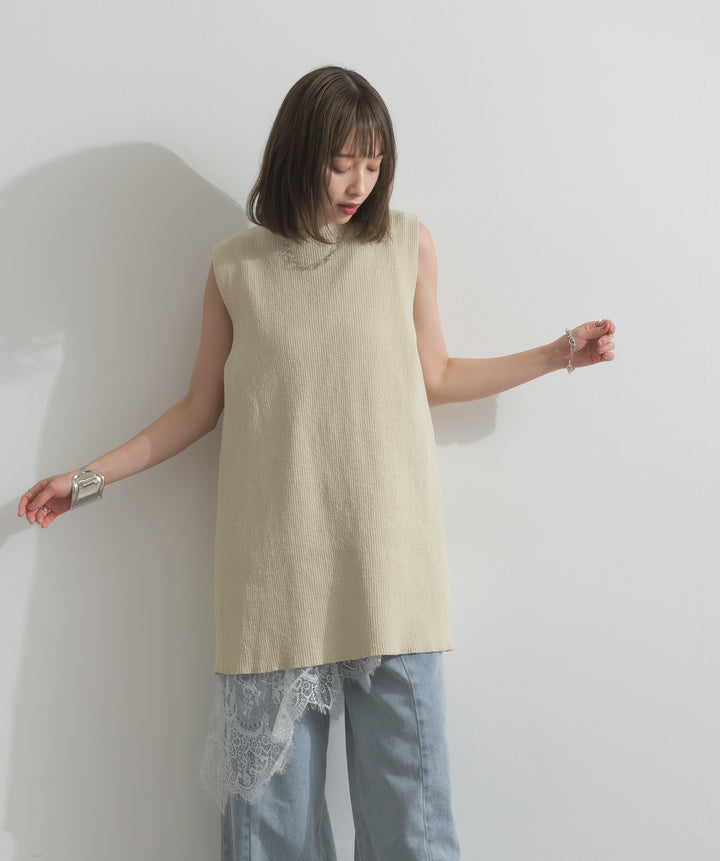 【SET】リブニットバックスリットタンク+レースヘムレイヤードノースリーブトップス+ツートーンバイカラーデニムパンツ(3set)