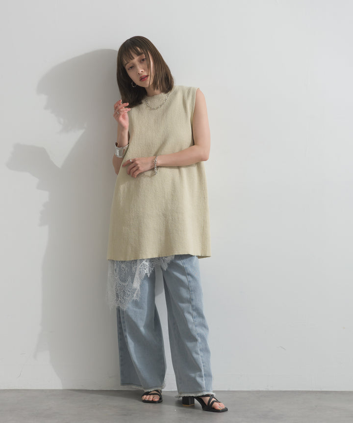 【SET】リブニットバックスリットタンク+レースヘムレイヤードノースリーブトップス+ツートーンバイカラーデニムパンツ(3set)