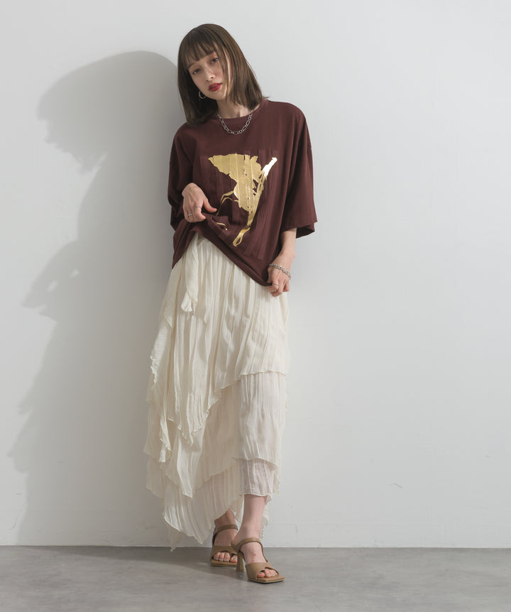 【SET】ニュアンス箔プリントTシャツ+シアーシャーリングレイヤードキャミワンピース(2set)