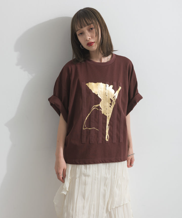 【SET】ニュアンス箔プリントTシャツ+シアーシャーリングレイヤードキャミワンピース(2set)