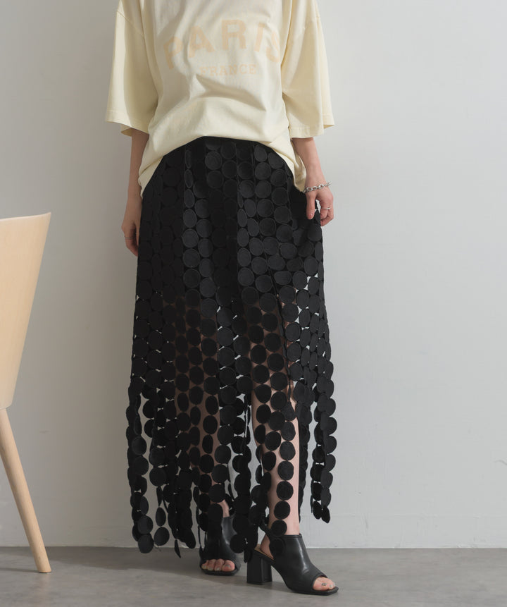 【SET】ピグメントロゴプリントTシャツ+サークルモチーフシアーロングスカート(2set)