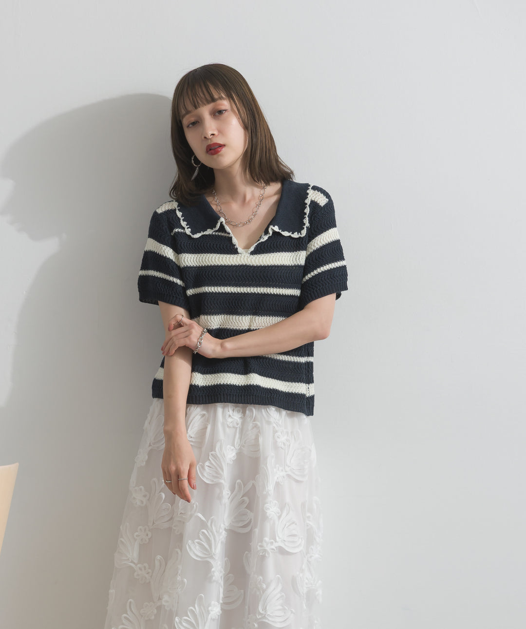 【SET】メッシュボーダーポロニット+フラワーレースシアーロングスカート(2set)