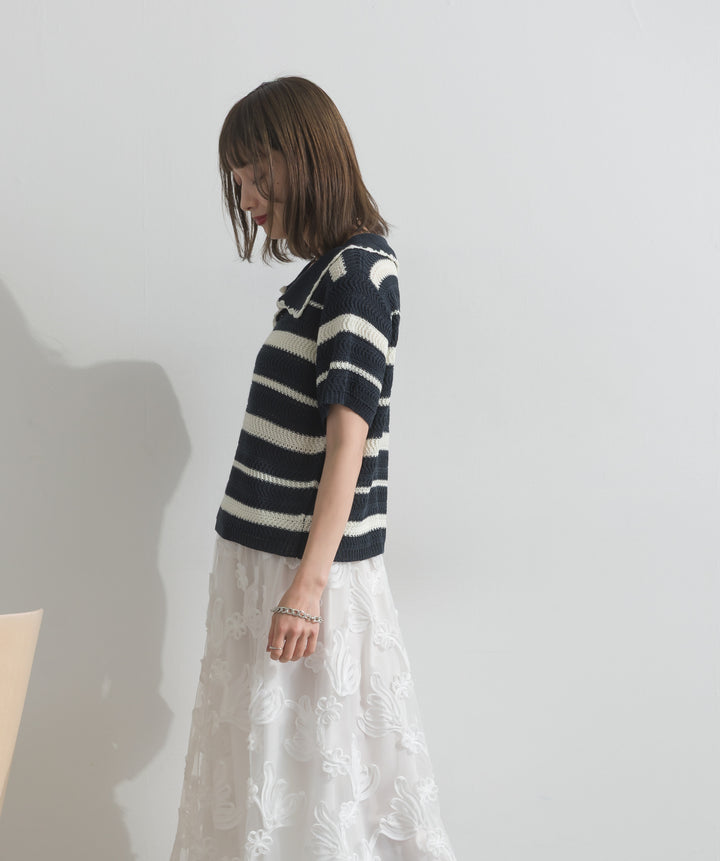 【SET】メッシュボーダーポロニット+フラワーレースシアーロングスカート(2set)