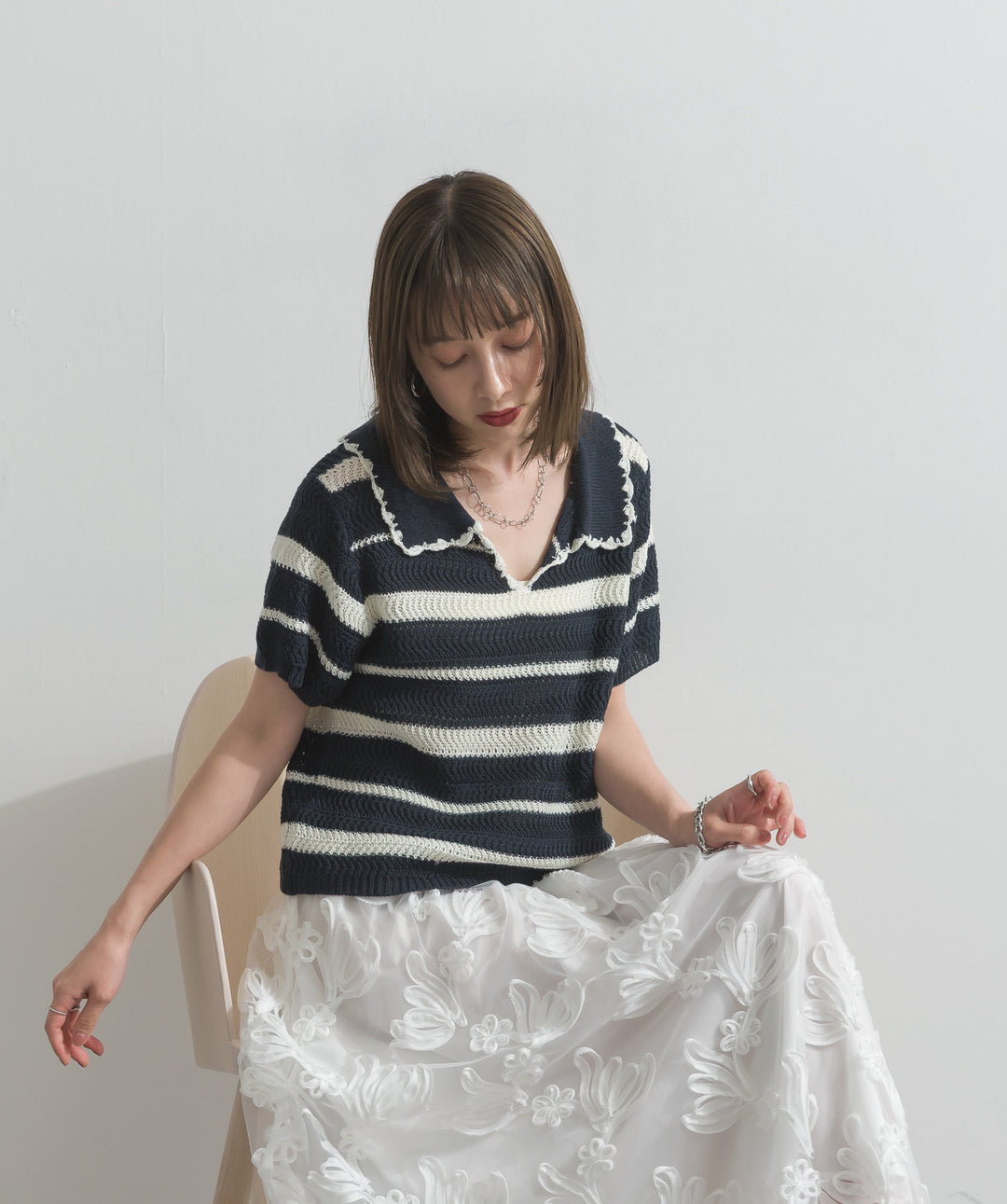【SET】メッシュボーダーポロニット+フラワーレースシアーロングスカート(2set)