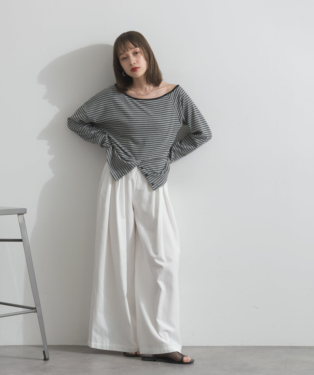 【SET】オフショルダーボーダートップス+タックワイドパンツ(2set)