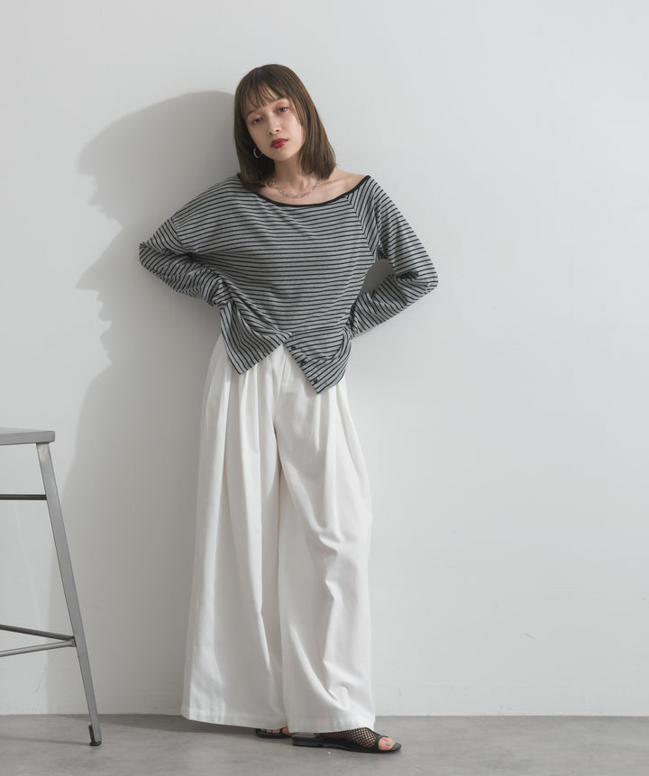 【SET】オフショルダーボーダートップス+タックワイドパンツ(2set)