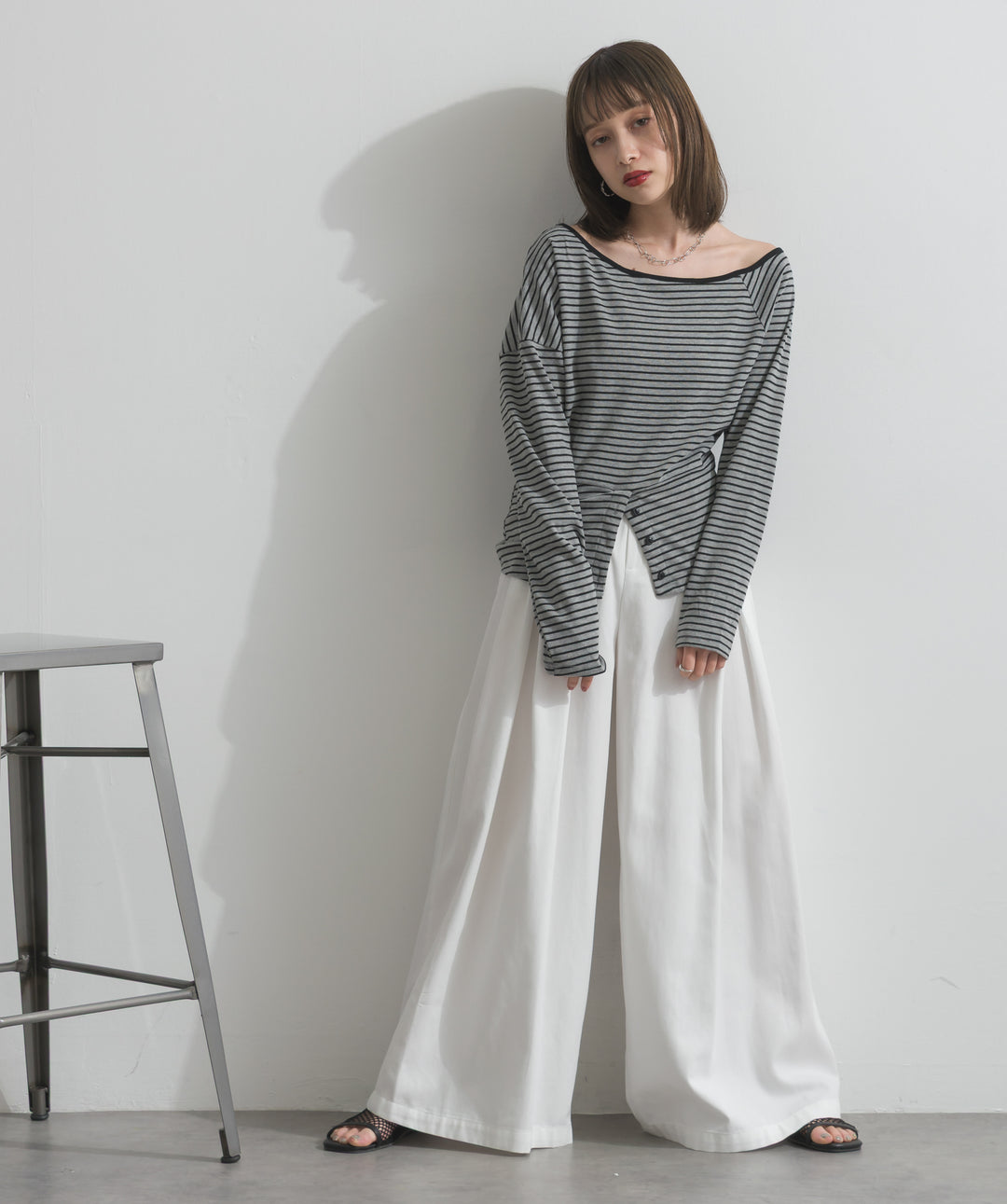 【SET】オフショルダーボーダートップス+タックワイドパンツ(2set)