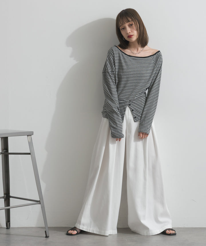【SET】オフショルダーボーダートップス+タックワイドパンツ(2set)