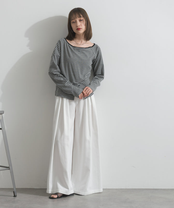 【SET】オフショルダーボーダートップス+タックワイドパンツ(2set)