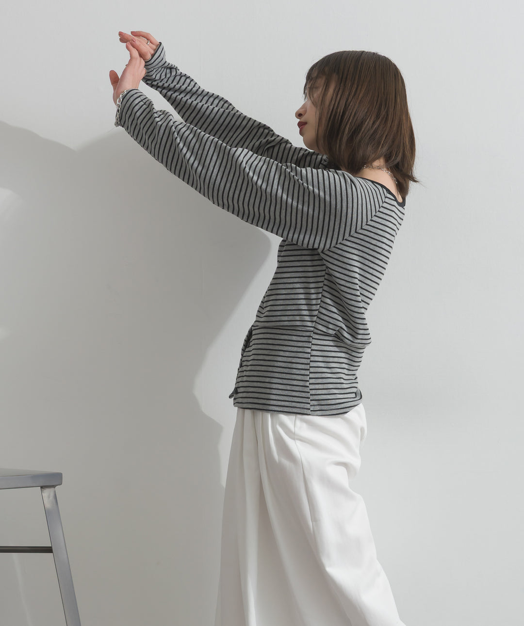 【SET】オフショルダーボーダートップス+タックワイドパンツ(2set)