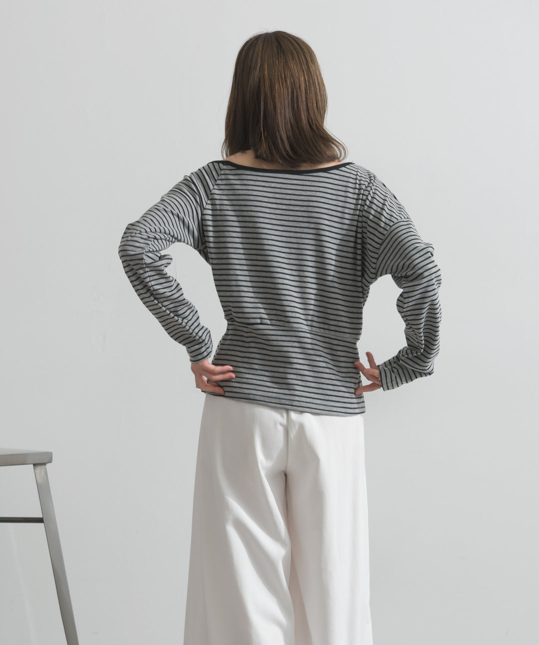 【SET】オフショルダーボーダートップス+タックワイドパンツ(2set)