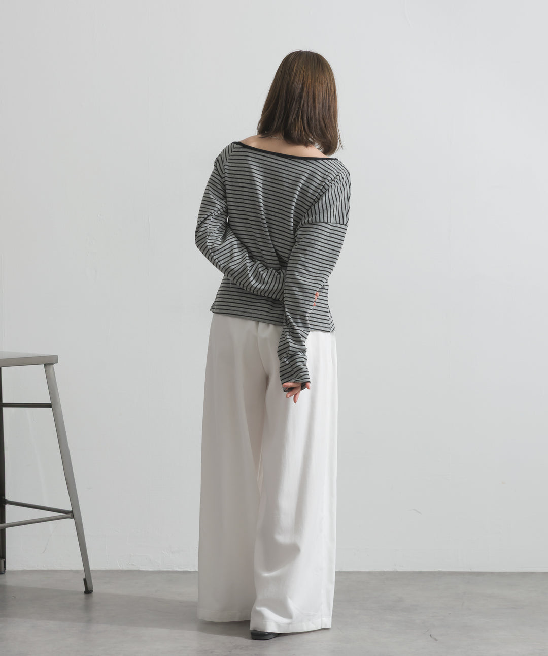 【SET】オフショルダーボーダートップス+タックワイドパンツ(2set)