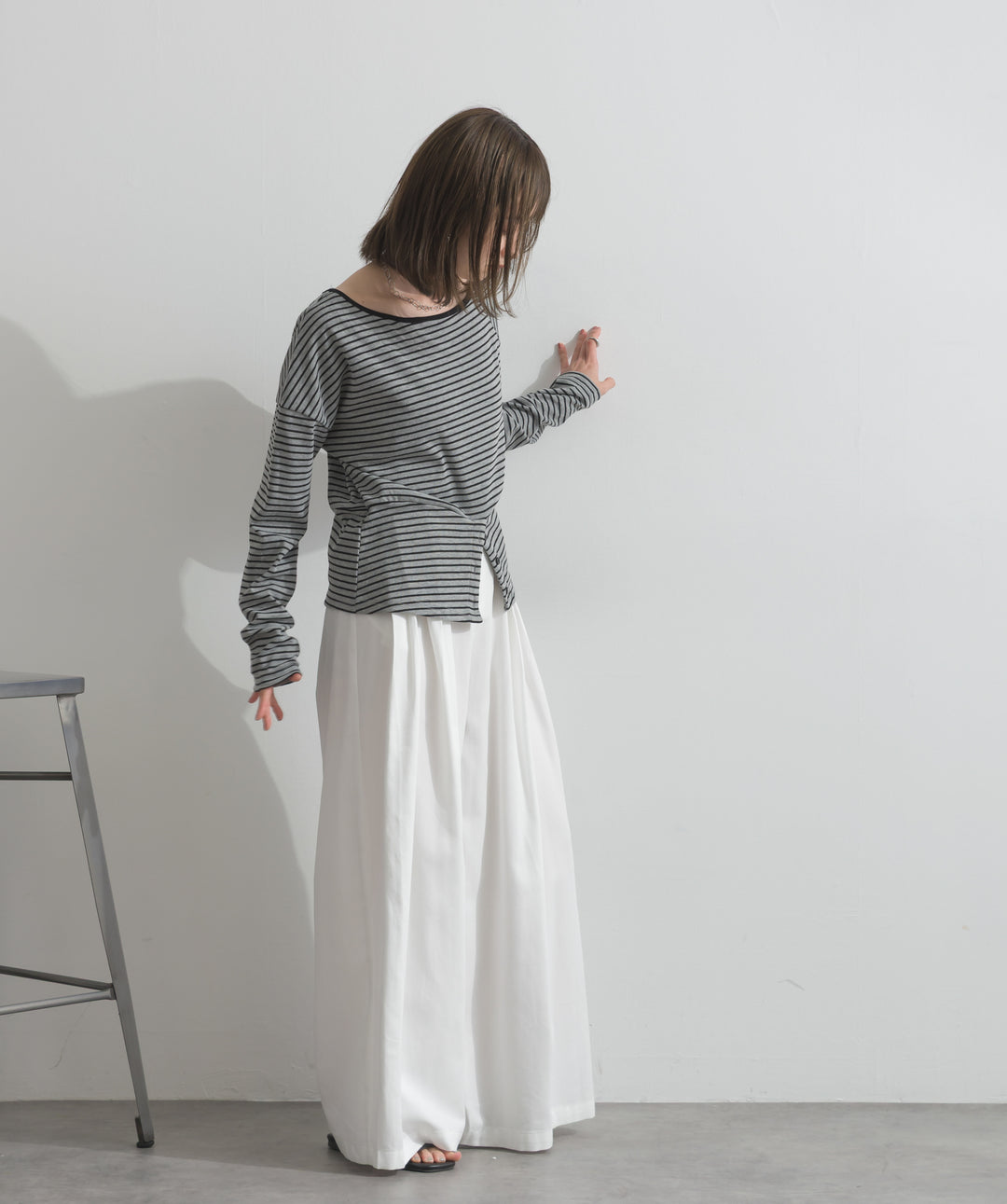 【SET】オフショルダーボーダートップス+タックワイドパンツ(2set)