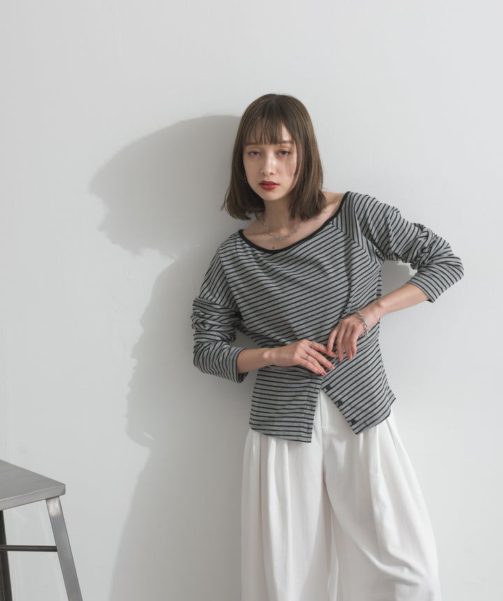 【SET】オフショルダーボーダートップス+タックワイドパンツ(2set)