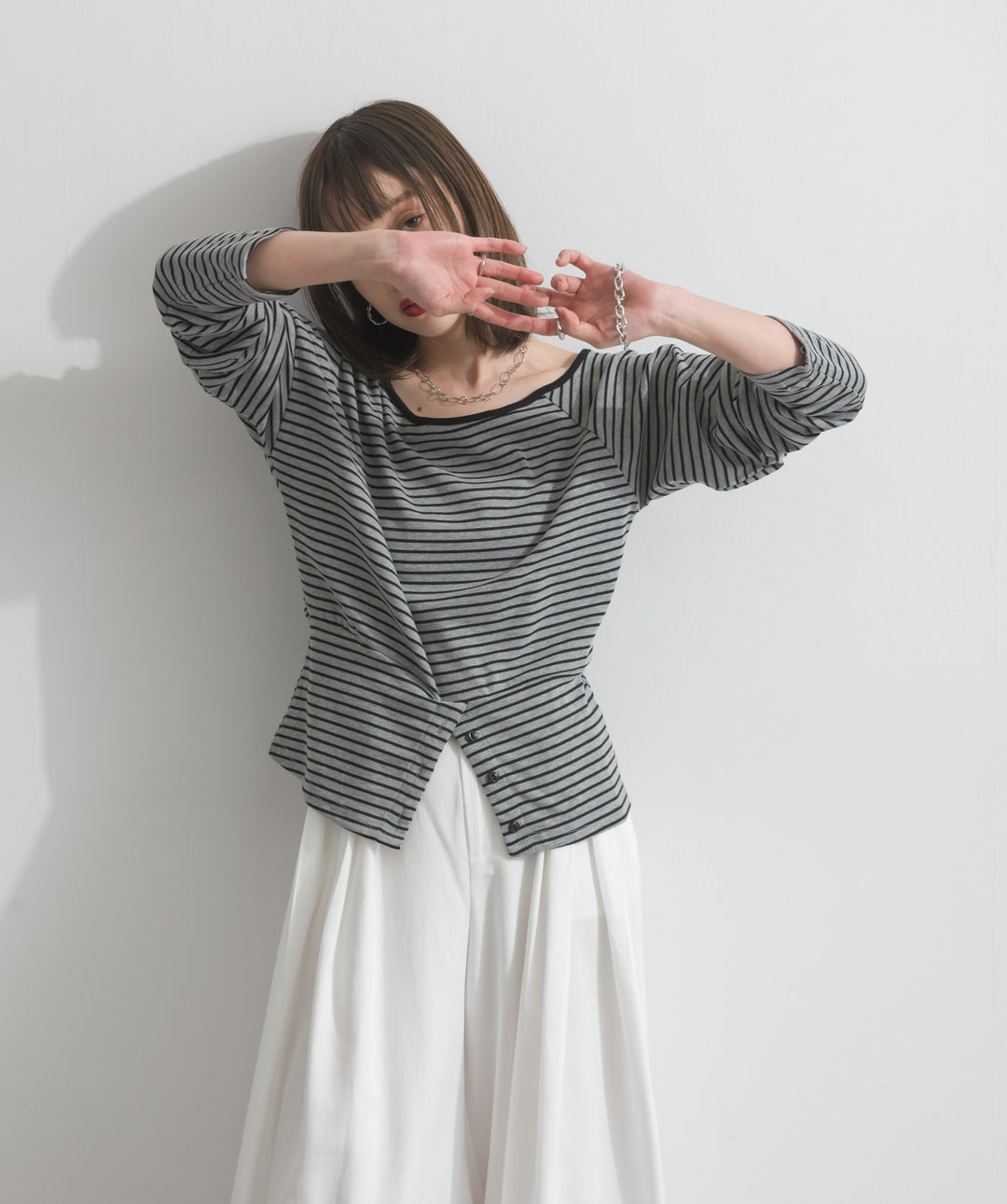 【SET】オフショルダーボーダートップス+タックワイドパンツ(2set)