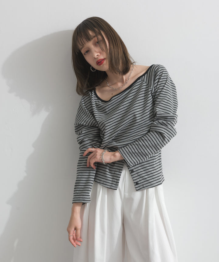 【SET】オフショルダーボーダートップス+タックワイドパンツ(2set)