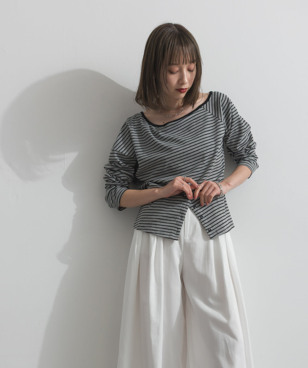 【SET】オフショルダーボーダートップス+タックワイドパンツ(2set)