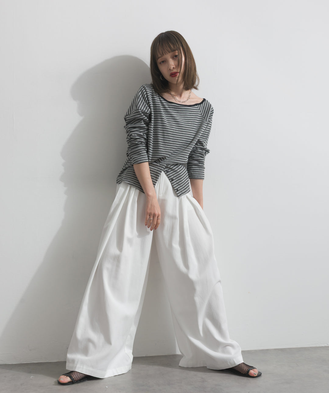 【SET】オフショルダーボーダートップス+タックワイドパンツ(2set)