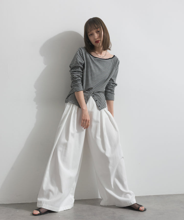 【SET】オフショルダーボーダートップス+タックワイドパンツ(2set)