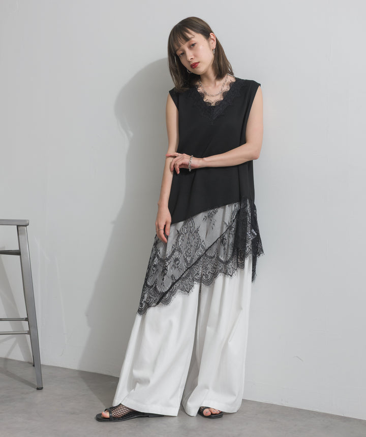 【SET】レースヘムレイヤードノースリーブトップス+タックワイドパンツ(2set)