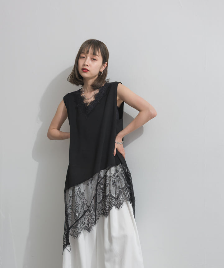 【SET】レースヘムレイヤードノースリーブトップス+タックワイドパンツ(2set)