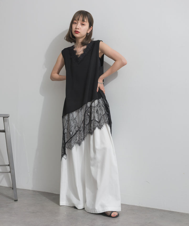 【SET】レースヘムレイヤードノースリーブトップス+タックワイドパンツ(2set)