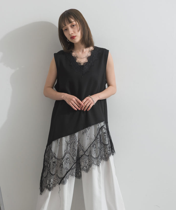 レースヘムレイヤードノースリーブトップス