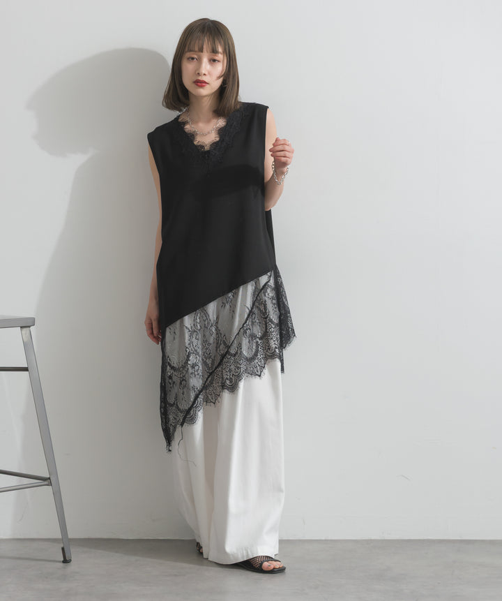 レースヘムレイヤードノースリーブトップス
