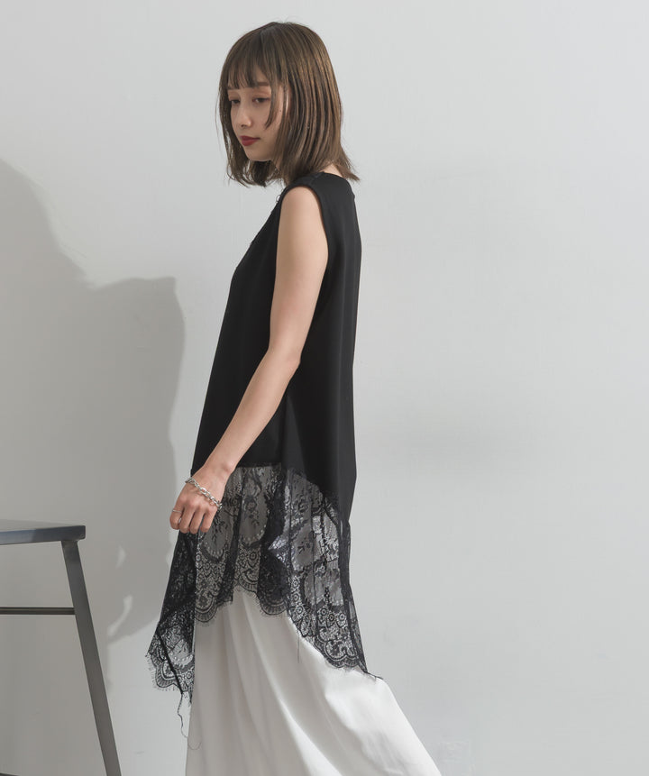 レースヘムレイヤードノースリーブトップス