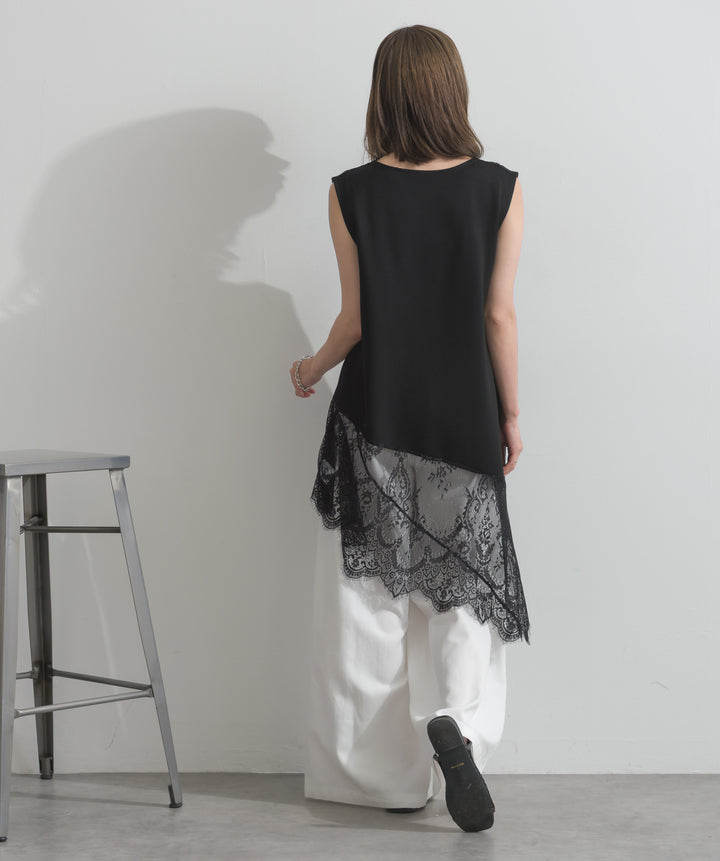 レースヘムレイヤードノースリーブトップス