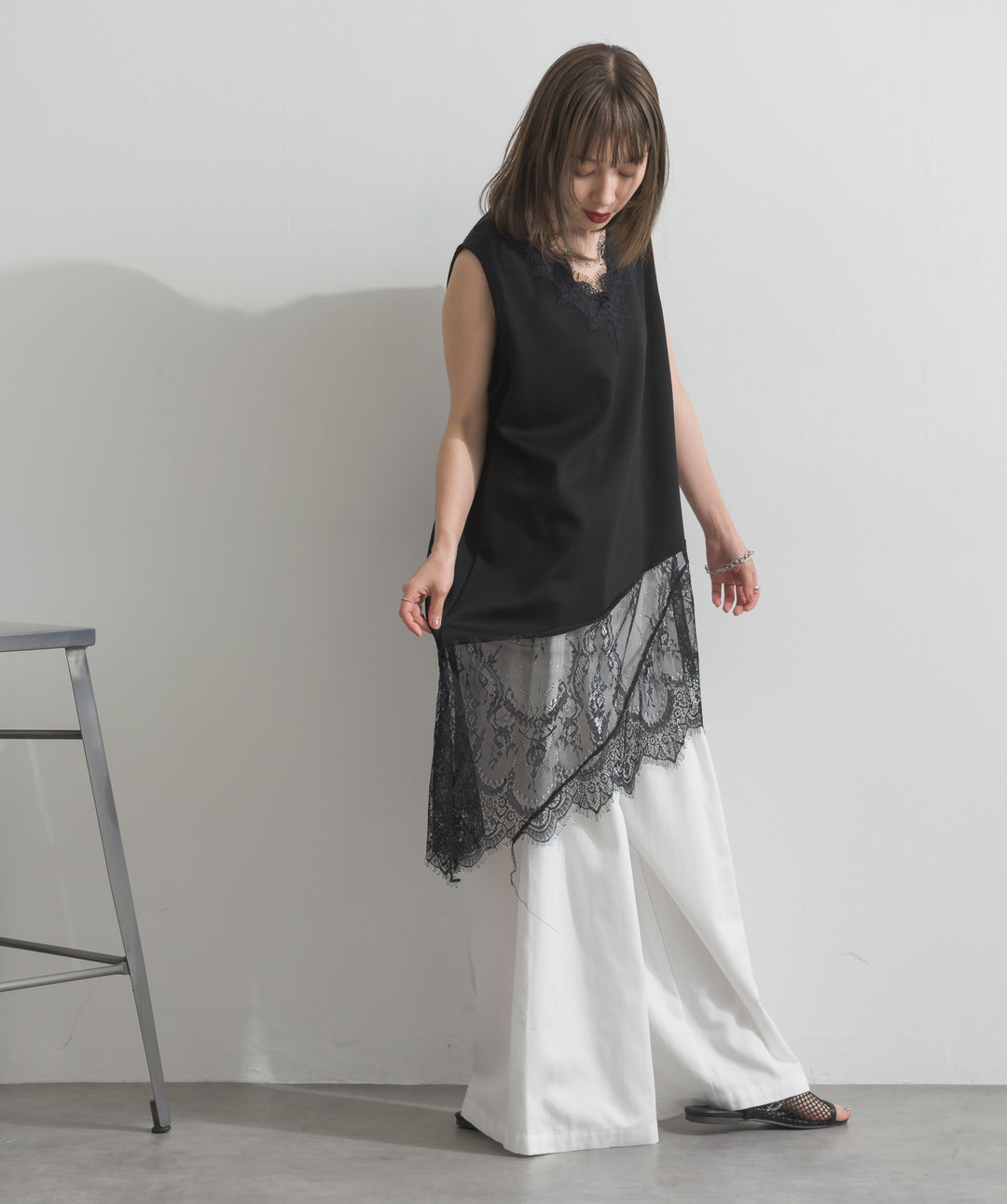 【SET】レースヘムレイヤードノースリーブトップス+タックワイドパンツ(2set)