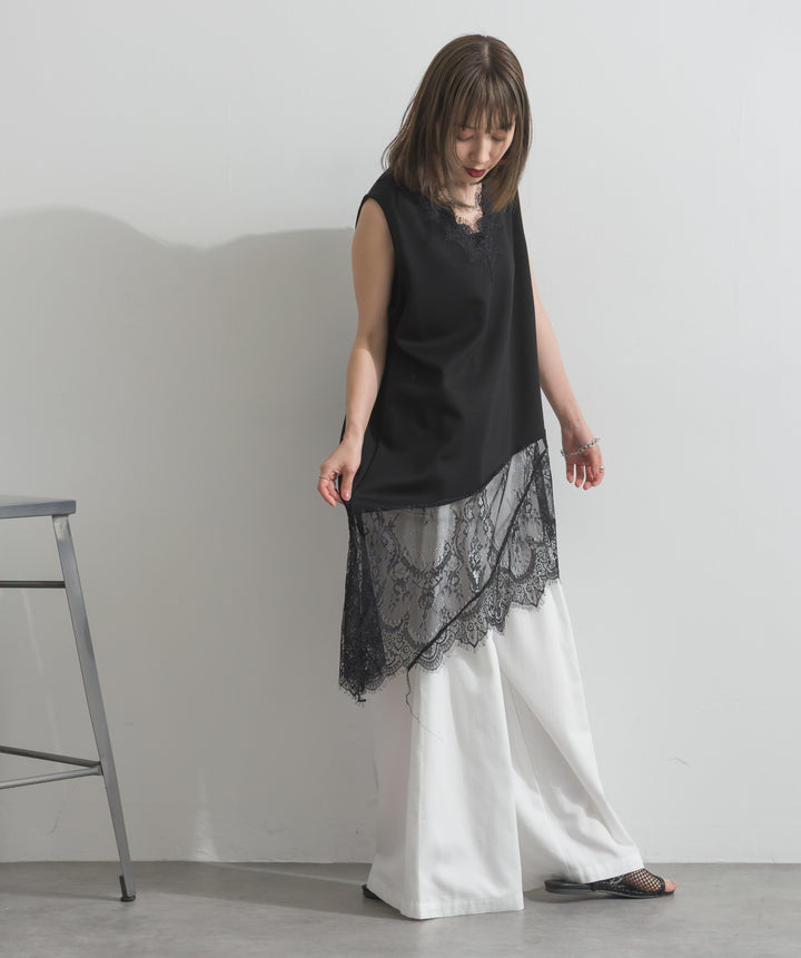 【SET】レースヘムレイヤードノースリーブトップス+タックワイドパンツ(2set)