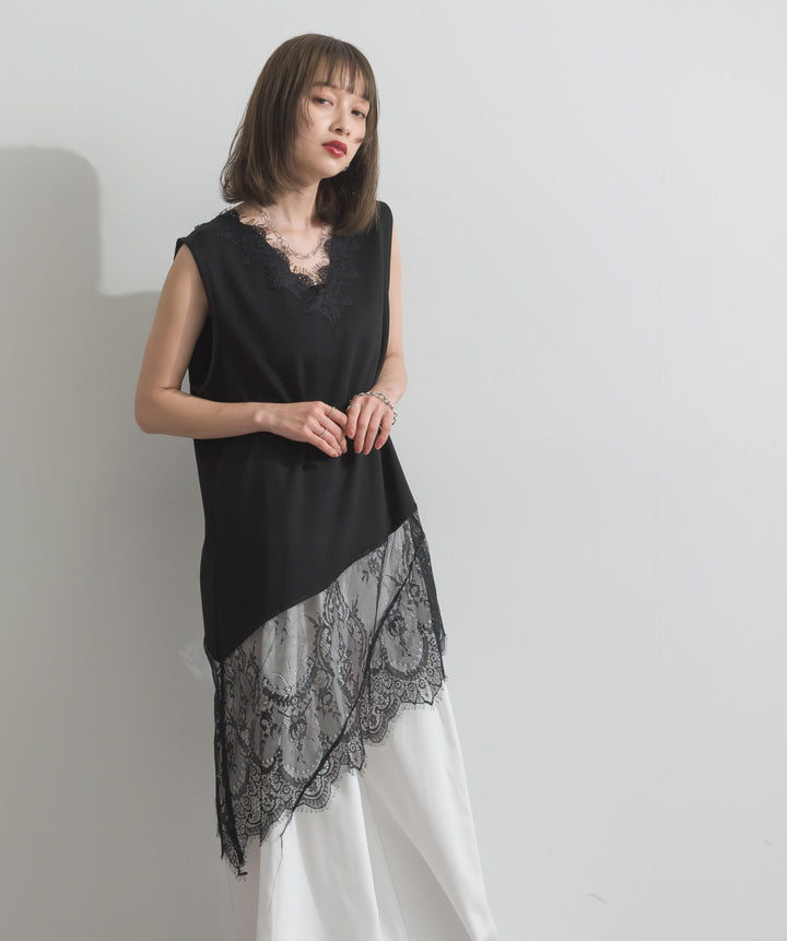 レースヘムレイヤードノースリーブトップス