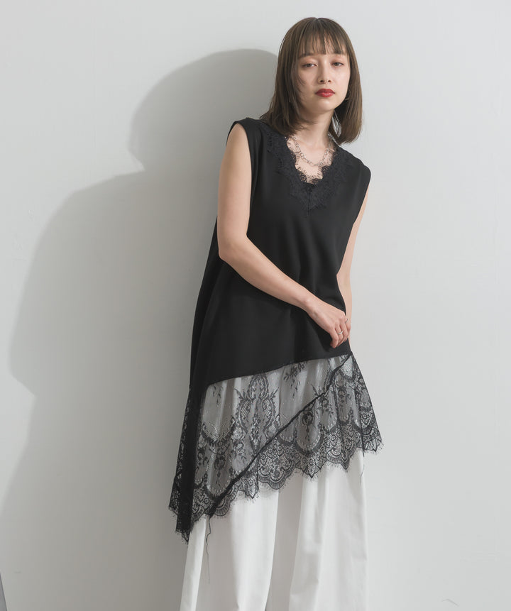 レースヘムレイヤードノースリーブトップス