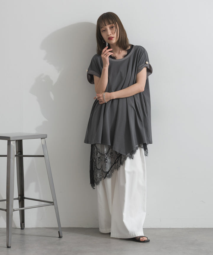サテン部分使いアシメチュニックTシャツ