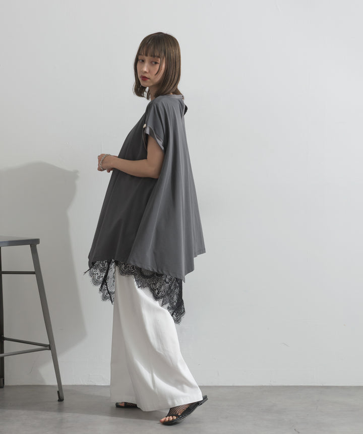 【SET】サテン部分使いアシメチュニックTシャツ+レースヘムレイヤードノースリーブトップス+タックワイドパンツ(3set)