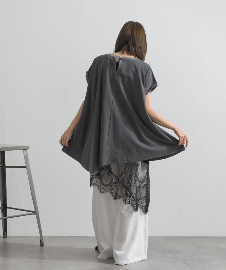【SET】サテン部分使いアシメチュニックTシャツ+レースヘムレイヤードノースリーブトップス+タックワイドパンツ(3set)