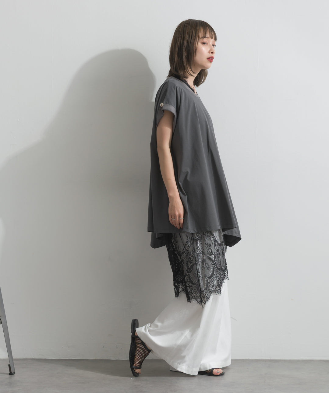サテン部分使いアシメチュニックTシャツ