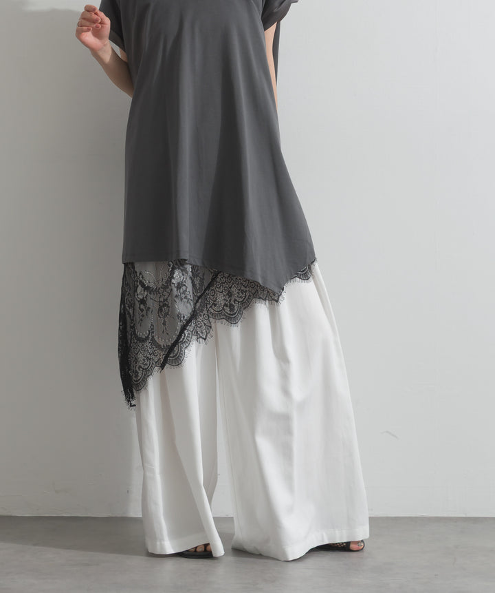 【SET】サテン部分使いアシメチュニックTシャツ+レースヘムレイヤードノースリーブトップス+タックワイドパンツ(3set)