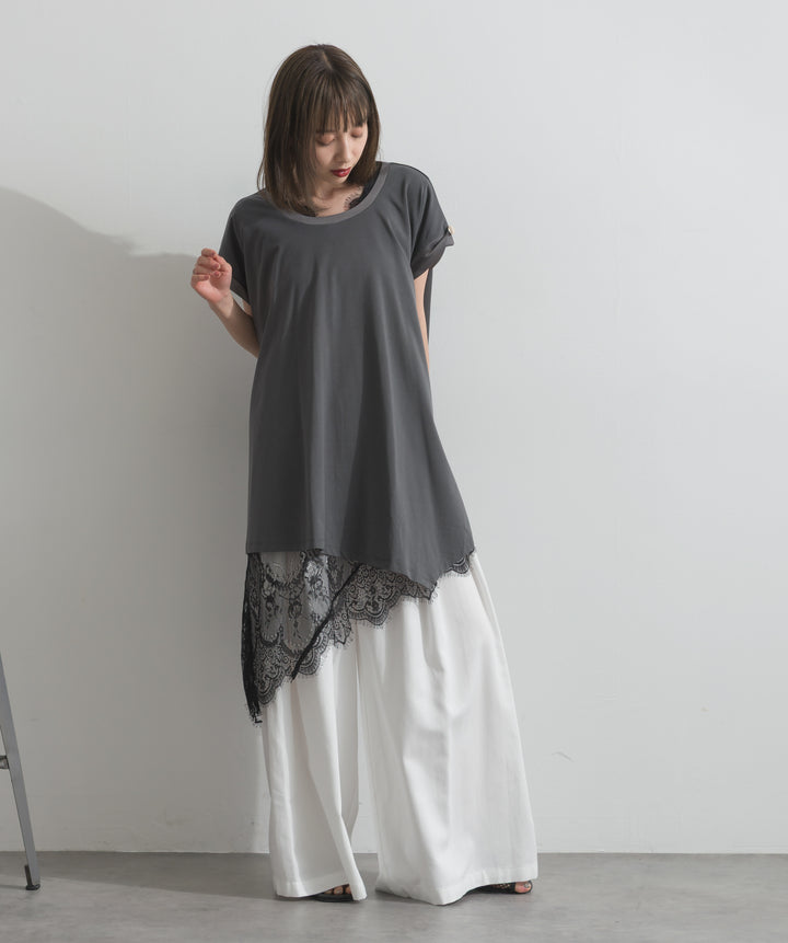 サテン部分使いアシメチュニックTシャツ