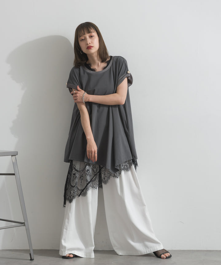 サテン部分使いアシメチュニックTシャツ