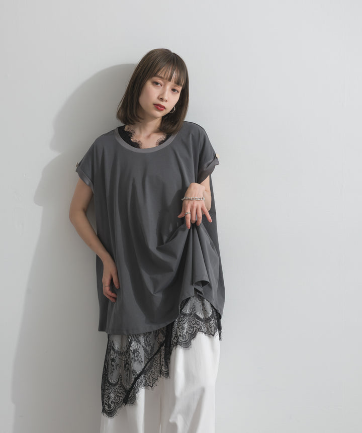 サテン部分使いアシメチュニックTシャツ