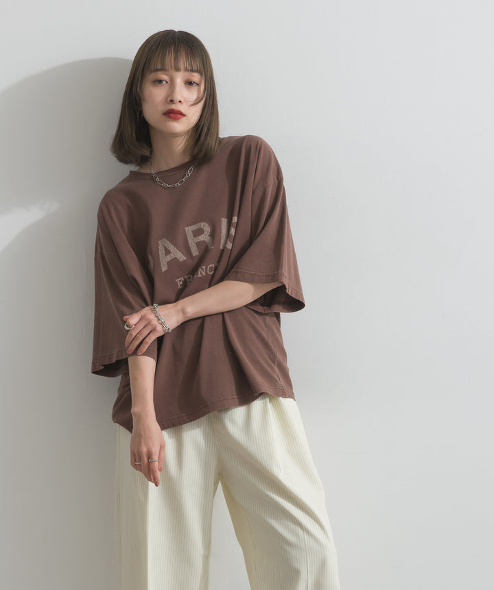 【SET】ピグメントロゴプリントTシャツ+ピンストライプダブルウエストツータックパンツ(2set)