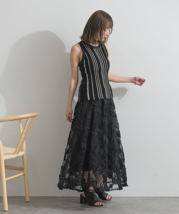 【SET】ストライプリブニットタンクトップ+フラワーレースシアーロングスカート(2set)