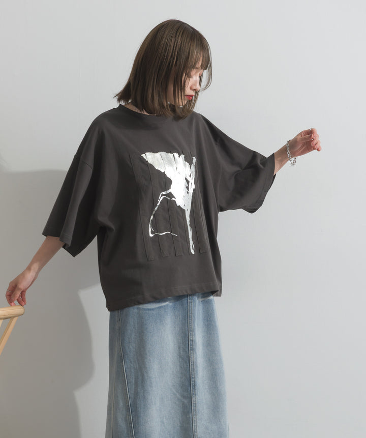 【SET】ニュアンス箔プリントTシャツ+レイヤードデニムロングスカート(2set)