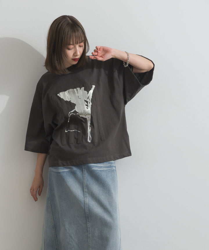 【SET】ニュアンス箔プリントTシャツ+レイヤードデニムロングスカート(2set)