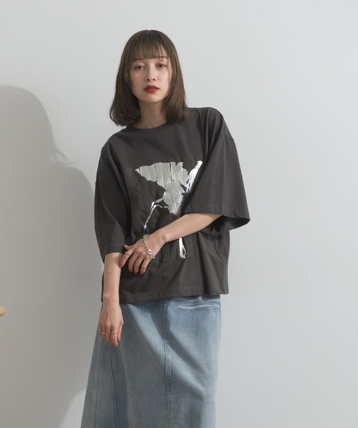 【SET】ニュアンス箔プリントTシャツ+レイヤードデニムロングスカート(2set)